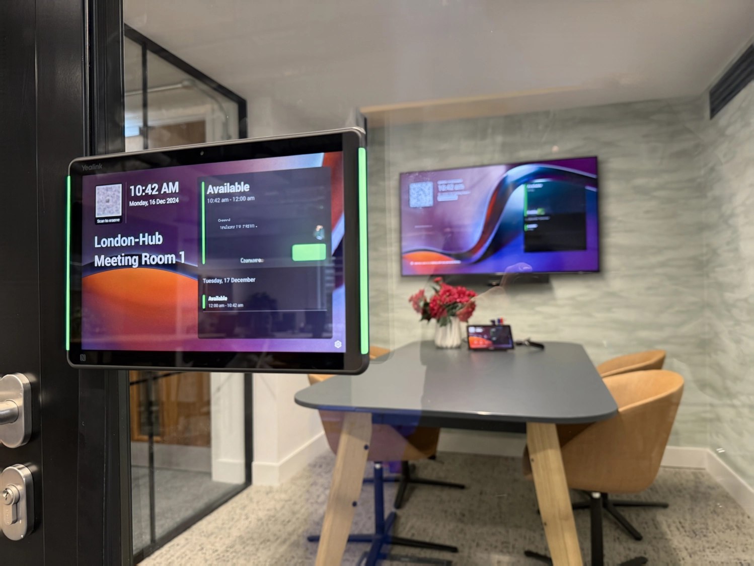 Perkbox meeting room featuring Yealink video conferencing system.