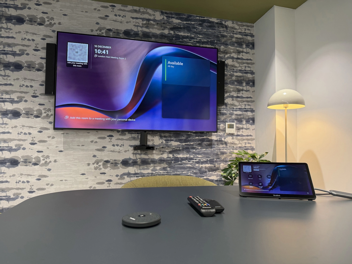 Perkbox meeting room featuring Yealink video conferencing system.